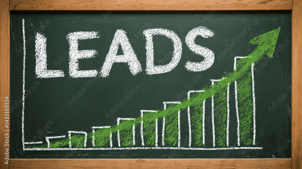 Lead Generation: A hand-drawn upward trend diagram illustrates the growth of leads, symbolizing business expansion and success on a chalkboard background.
