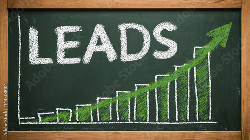 Obraz na płótnie Lead Generation: A hand-drawn upward trend diagram illustrates the growth of leads, symbolizing business expansion and success on a chalkboard background. w salonie