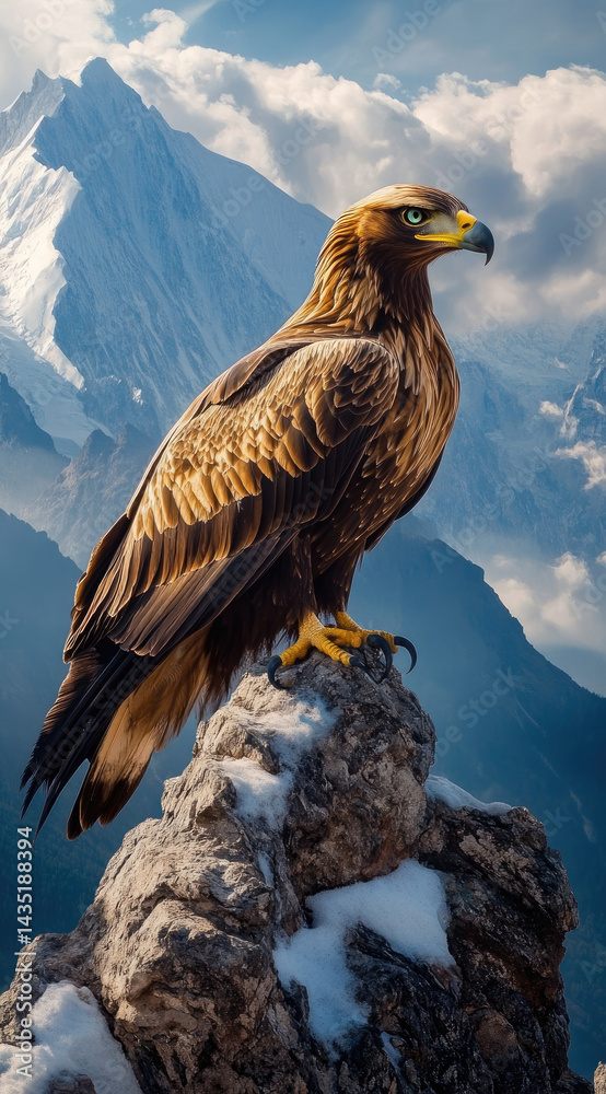Golden eagle with emerald green eyes perched on rugged cliff powerful regal beauty perfect for majestic wildlife and adventurous landscapes