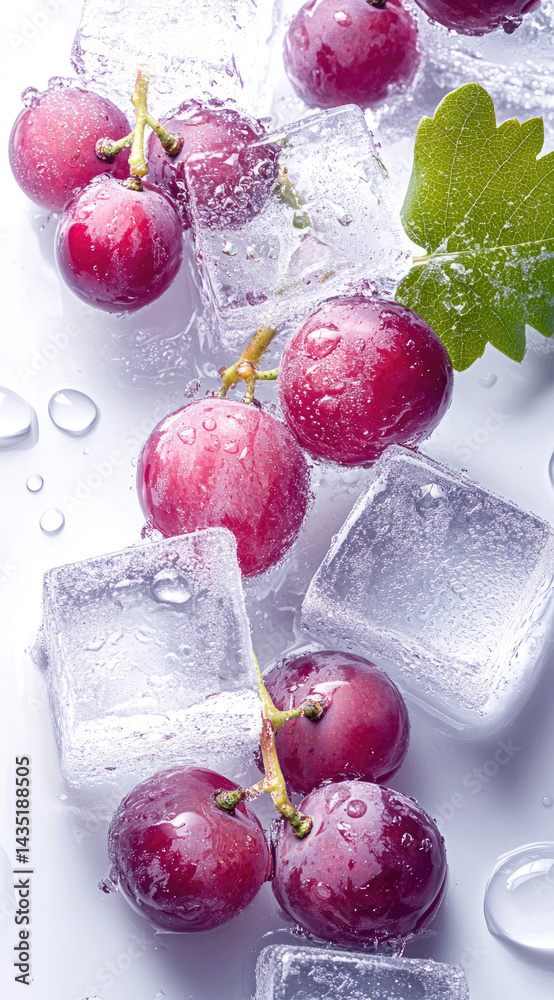 Clear ice cubes with grapes and water droplets close-up juicy refreshing detail perfect for cool beverages and fresh summer themes