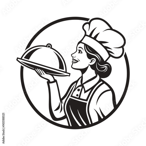 Chef woman holding dish restaurant kitchen apron smiling food art.