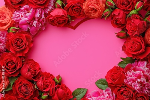 Heart-shaped frame of vibrant red roses and peonies, isolated on a bold pink background,