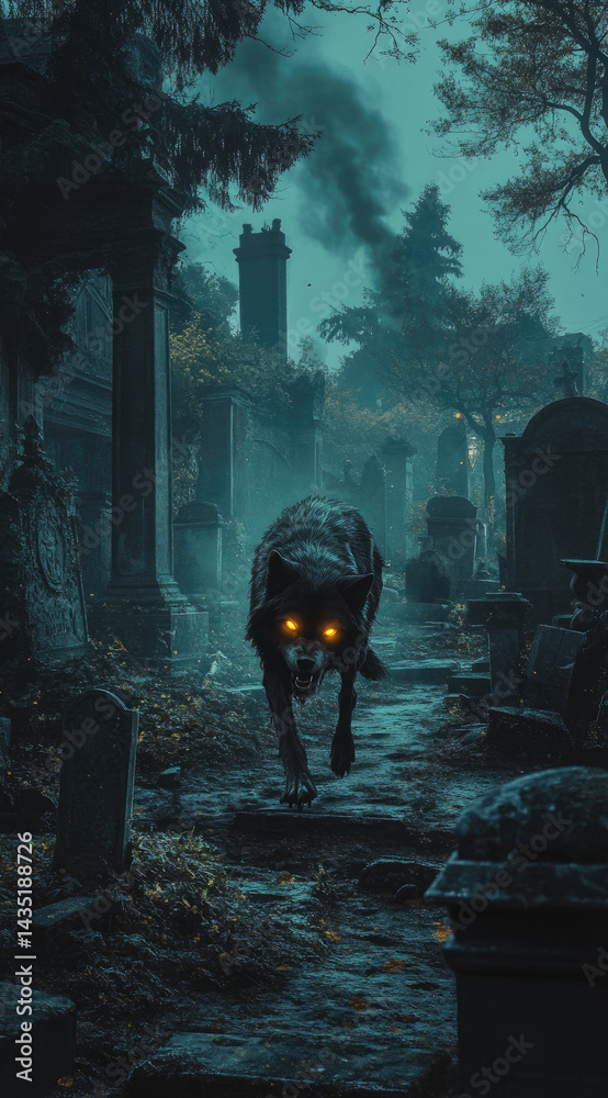 Ghostly wolf with glowing yellow eyes walking across misty forest mysterious spectral presence perfect for fantasy adventure and eerie wildlife themes