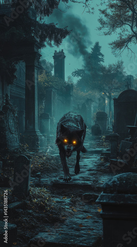 Obraz na płótnie Ghostly wolf with glowing yellow eyes walking across misty forest mysterious spectral presence perfect for fantasy adventure and eerie wildlife themes w salonie