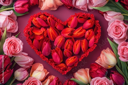 Heart-shaped frame of vibrant red tulips and pink roses, isolated on a deep rose-colored background