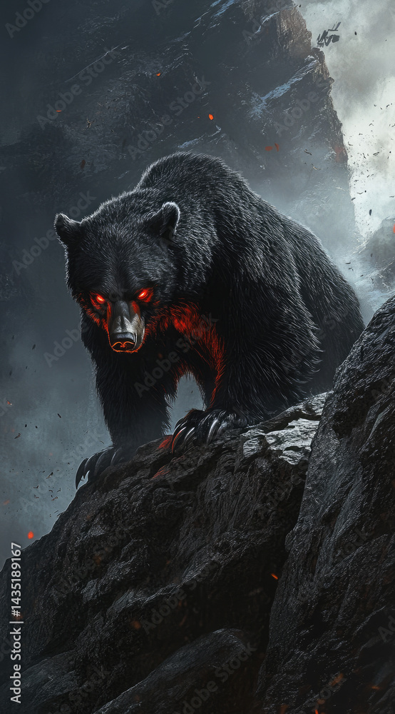 Black bear with fiery red eyes standing at the river�fs edge powerful wild spirit perfect for fantasy nature and dramatic storytelling visuals