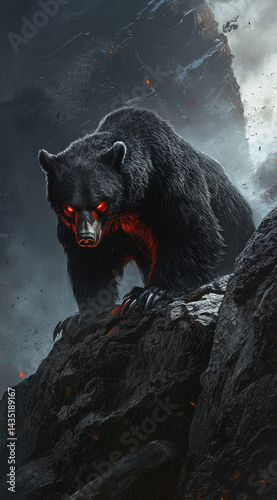 Obraz na płótnie Black bear with fiery red eyes standing at the river�fs edge powerful wild spirit perfect for fantasy nature and dramatic storytelling visuals w salonie