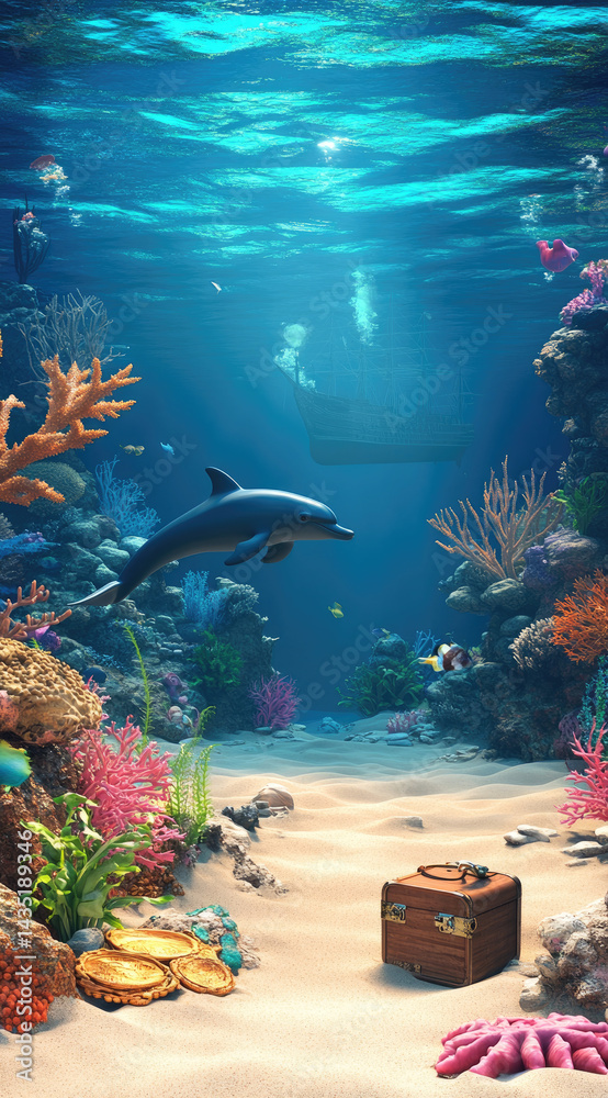 3D cartoon underwater scene with coral reefs and colorful fish vibrant ocean adventure perfect for marine exploration and fantasy visuals
