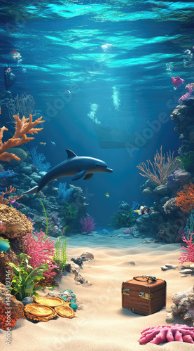 Obraz na płótnie 3D cartoon underwater scene with coral reefs and colorful fish vibrant ocean adventure perfect for marine exploration and fantasy visuals w salonie