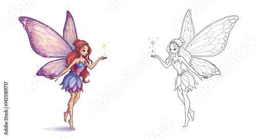 Magical Fairy: A vibrant and enchanting fairy with delicate wings and flowing hair, captured in a whimsical illustration, radiates wonder and joy.