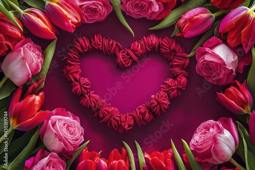 Heart-shaped frame of vibrant red tulips and pink roses, isolated on a deep rose-colored background