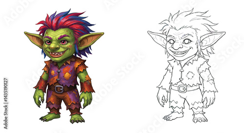 Digital Fantasy Goblin Character: A vibrant digital illustration featuring a whimsical green goblin character with spiky hair, mischievous grin, and vibrant attire.