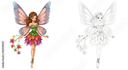 Enchanting Fairy: A vibrant and whimsical depiction of a fairy. The image is composed in full color and line drawing outline.