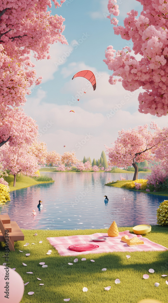 3D cartoon spring park scene with cherry blossoms and gardens vibrant seasonal beauty perfect for outdoor festivals and family adventures
