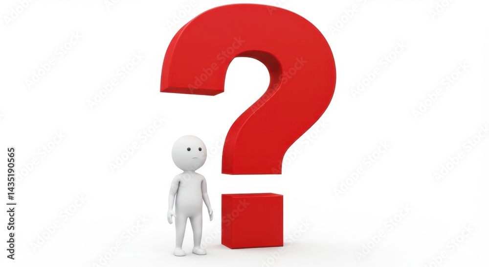 3D Render: Person with Large Red Question Mark - Problem Solving Concept; 3D Character Contemplating a Giant Question Mark 3D Render: Person with Large Red Question Mark - Problem Solving Concept; 3D Character Contemplating a Giant Question Mark