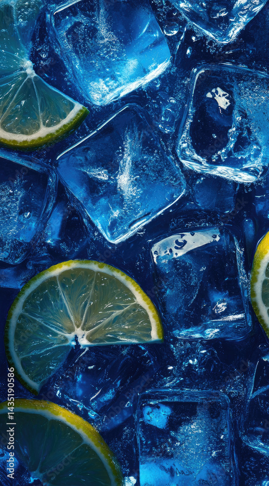 Blue ice cubes with citrus slices and droplets close-up refreshing vibrant coolness perfect for summer drinks and tropical beverages
