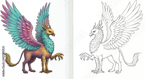 Magnificent Gryphon Illustration: An enchanting side-by-side display showcases a majestic gryphon, highlighting its intricate details, combining vibrant color and detailed line art.