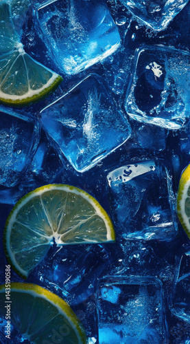 Obraz na płótnie Blue ice cubes with citrus slices and droplets close-up refreshing vibrant coolness perfect for summer drinks and tropical beverages w salonie