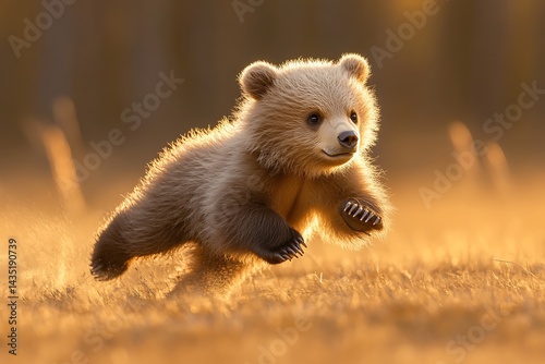 Bear cub running joyfully in a field during sunset for a wildlife conservation campaign