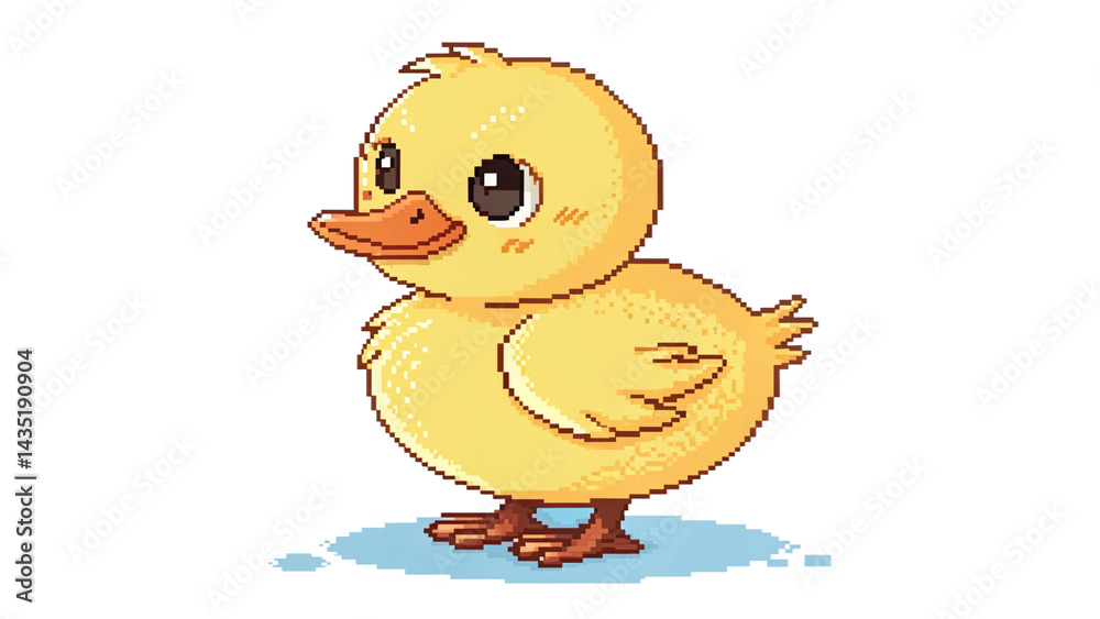 Fototapeta premium Cute Pixel Art Yellow Duckling Standing On Water With Big Eyes And Orange Beak In Chubby Style