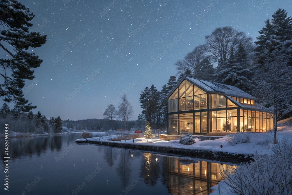 Fototapeta premium Cozy Modern Glass Cabin by the Lake at Night During Winter with Starry Sky