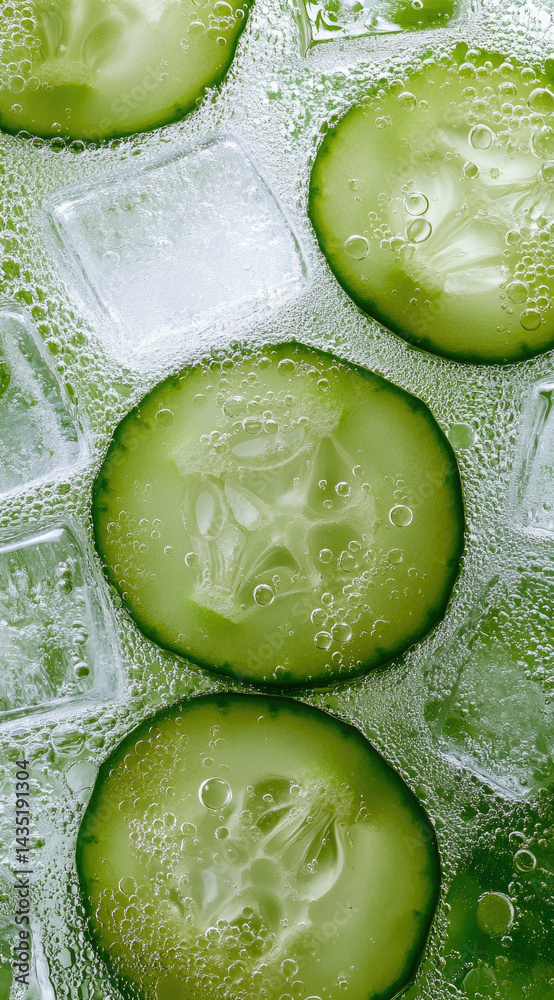 Ice cubes with cucumber slices and dew drops close-up refreshing botanical coolness perfect for spa beverages and healthy summer drinks