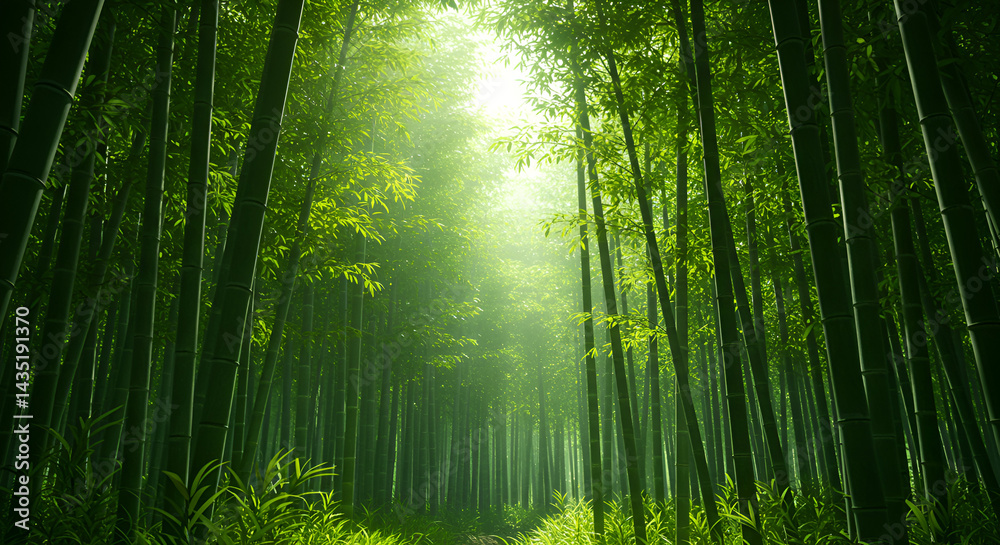 Obraz premium Lush Green Bamboo Forest In Morning Light