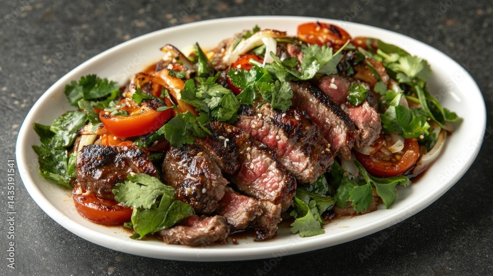 Sliced steak salad, Asian style, dark background, food photography