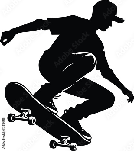 Black vector illustration silhouette of a skateboarder in action, a sport athlete performing a jump on their skate