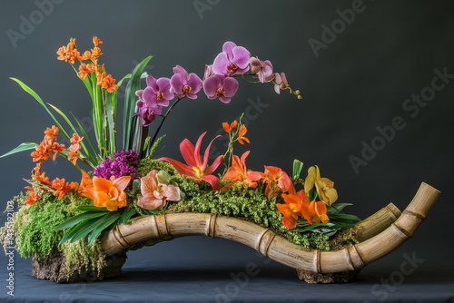 high detail visual of beautiful ikebana arrangement with bamboo