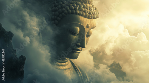 giant buddha statue head above clouds – Budhha Purnima, symbolic image for Vesak Day, Asalha Puja, Magha Puja, meditation posters, or spiritual greeting cards photo