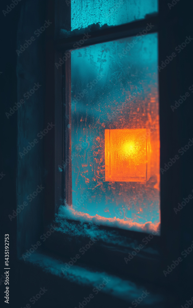 Fototapeta premium frosted window glowing with warm indoor light – ideal for winter-themed design, holiday cards, or cozy interior atmosphere concepts 