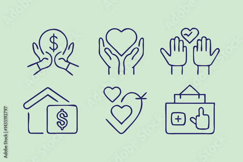 Charity and Donation Web Icons in Line Style