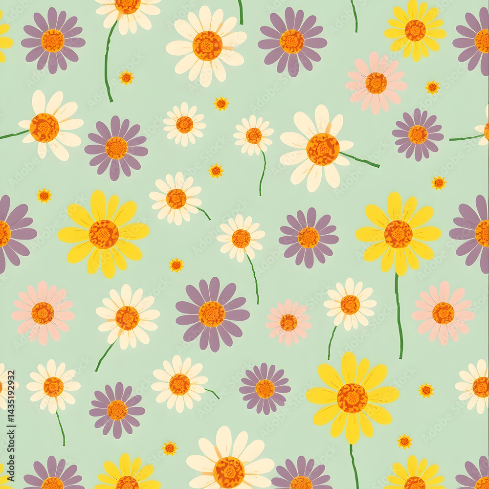 Finnish Ryijy-inspired daisies with Scandinavian textile charm, seamless pattern. Finnish Ryijy-inspired daisies with Scandinavian textile charm, seamless pattern.