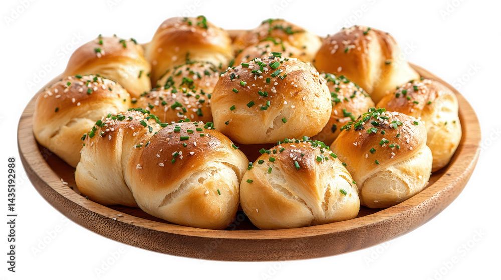 a wooden plate filled with freshly baked rolls. garnished with chives and sprinkled with salt. creating an inviting and appetizing presentation the soft. golden-brown texture of the rolls suggests the a wooden plate filled with freshly baked rolls. garnished with chives and sprinkled with salt. creating an inviting and appetizing presentation the soft. golden-brown texture of the rolls suggests the