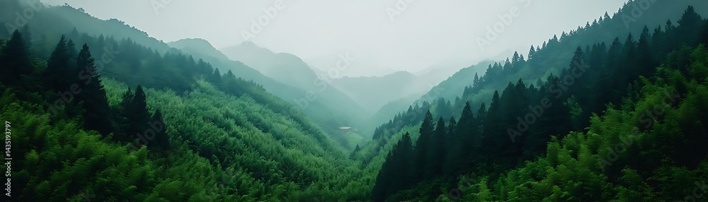 Obraz premium Verdant valley view with misty mountains, dense forest, small house, for travel