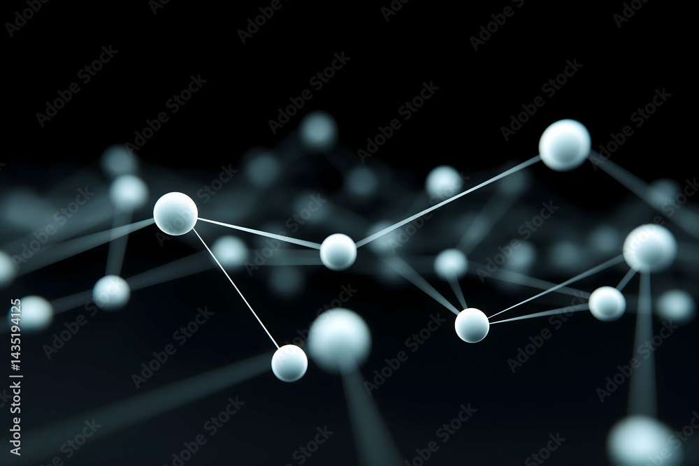 Obraz premium A digital representation of interconnected nodes and lines on a dark background, symbolizing networks or molecular structures.