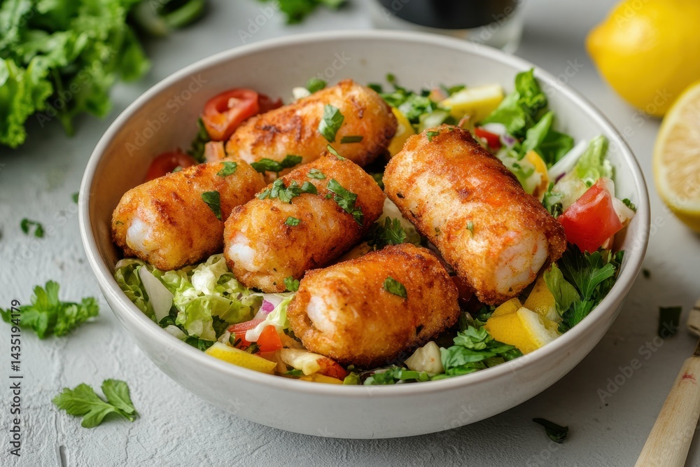 detailed picture of bowl of shrimp rolls with salad and lemon detailed picture of bowl of shrimp rolls with salad and lemon