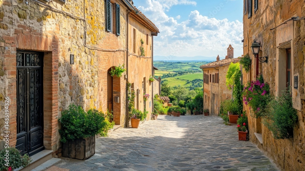 Obraz premium Cobblestone street with stone buildings and a view of rolling hills