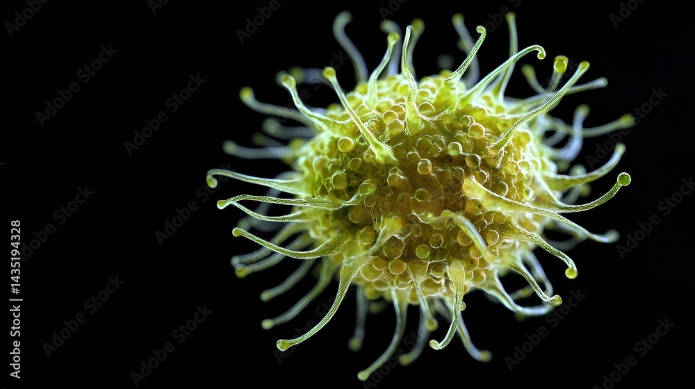 Isolated close-up of a bacterium with detailed flagella and 3D textures, bacteria, cellular microbiology. 