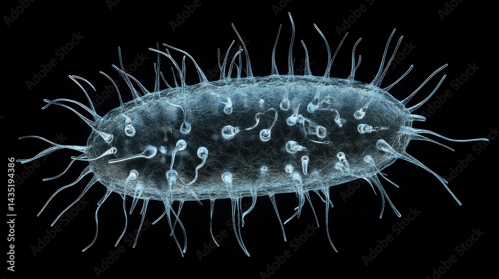Isolated close-up of a bacterium with detailed flagella and 3D textures, bacteria, cellular microbiology. Isolated close-up of a bacterium with detailed flagella and 3D textures, bacteria, cellular microbiology.