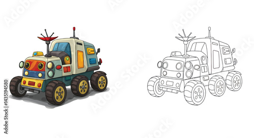 Curiosity Rover Illustration: Detailed illustrations of a rover ready for exploration, this image displays a colorful version alongside a detailed line drawing version.