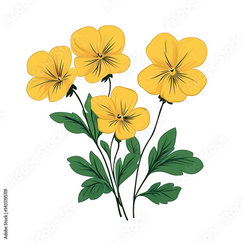 vibrant illustration of yellow flowers. specifically pansies. showcasing their delicate petals and lush green leaves the design emphasizes the beauty of nature. making it suitable for various decorati