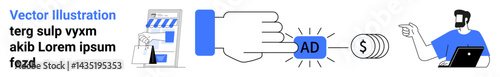 Online store storefront, hand clicking ad, dollar sign, person with laptop. Ideal for marketing, e-commerce, technology, digital strategy, advertising business tools flat landing page banner