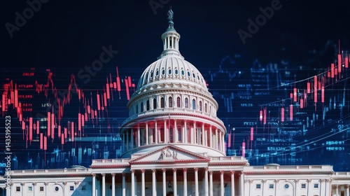 Digital art illustration of the U.S. Capitol building with dynamic stock market charts overlay, vibrant blue and orange color scheme, abstract geometric design, high resolution detailed render, govern