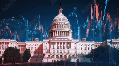 Digital art illustration of the U.S. Capitol building with dynamic stock market charts overlay, vibrant blue and orange color scheme, abstract geometric design, high resolution detailed render, govern