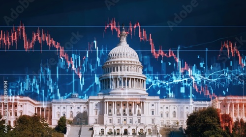Digital art illustration of the U.S. Capitol building with dynamic stock market charts overlay, vibrant blue and orange color scheme, abstract geometric design, high resolution detailed render, govern