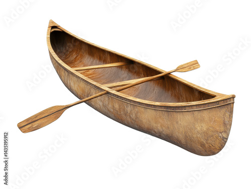 Wooden canoe with paddles isolated on transparent background