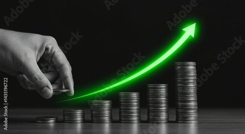 fingers stacking shiny metallic coins with a sharp green growth arrow floating above them with monochrome color