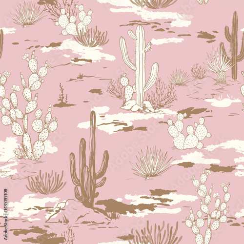 Seamless Pattern of Desert Landscape with Cacti and Vegetation. Wild West Surface Poster Design for All Fabrics and Prints. Background Wallpaper featuring Arizona vector artwork.